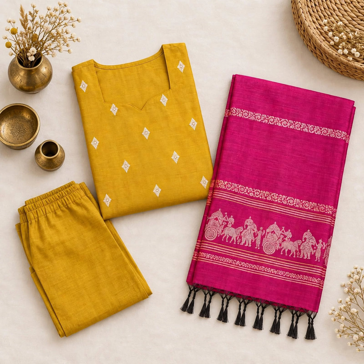 RS0030 - Raw silk (Mustard Yellow with Pink) - 3- piece set with full Lining