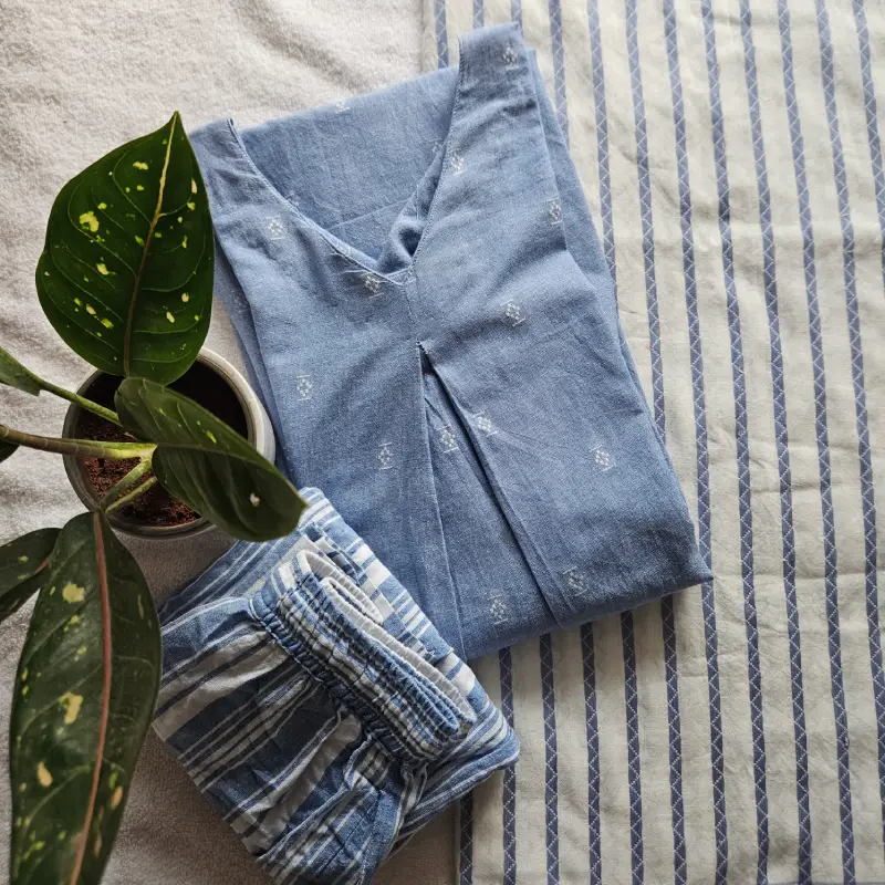 HC0028-Handloom cotton - Light Blue - 3- piece set