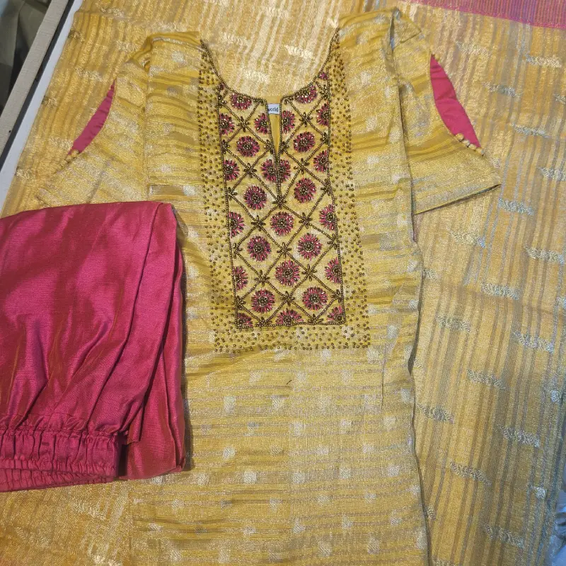 TS0005 - Golden beads work Tissue silk with Linning