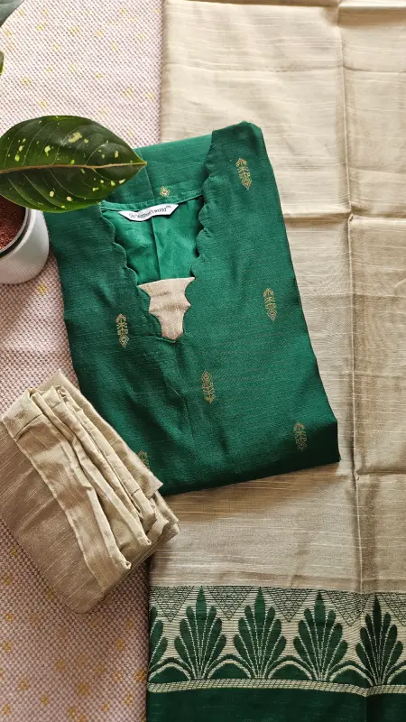 RS0013- Raw silk (Dark Green) -3- piece set with full Linning